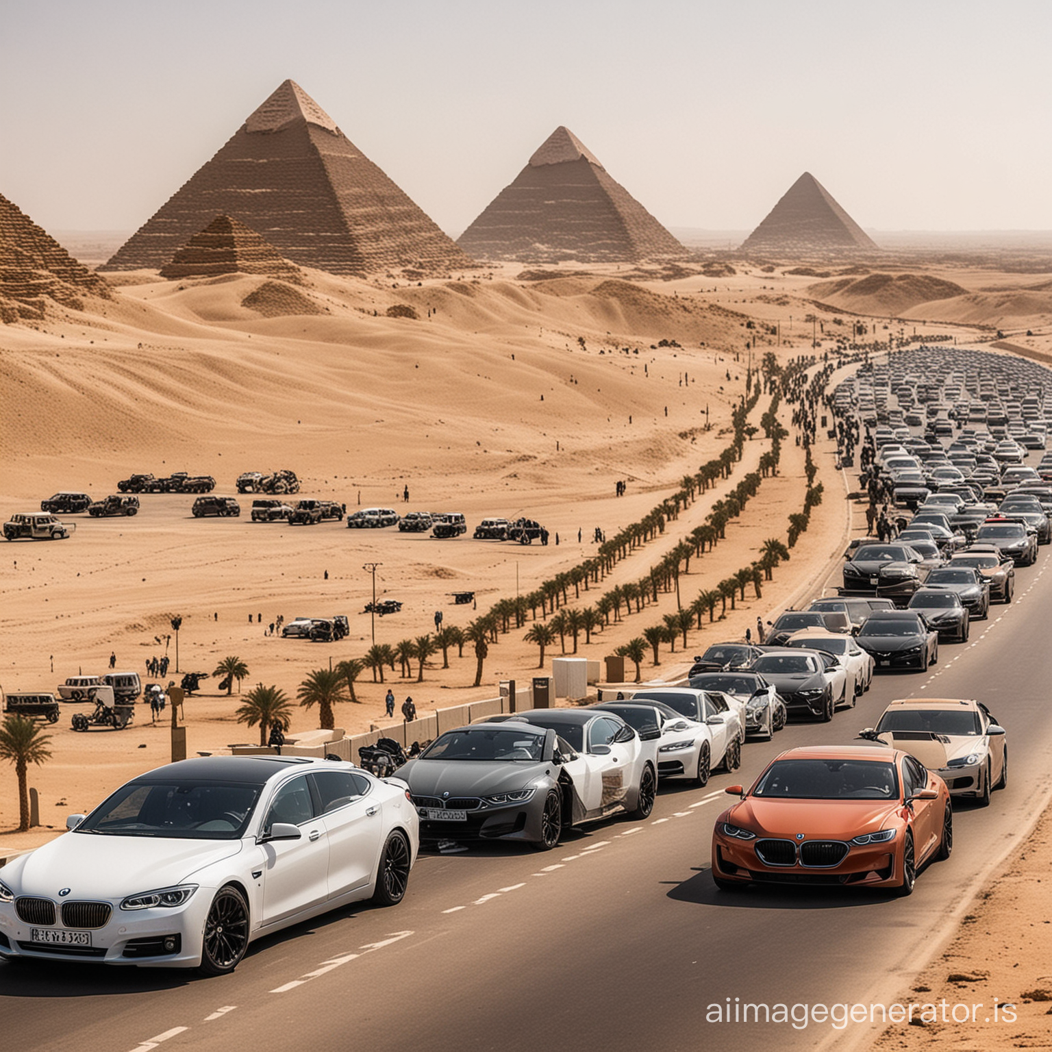 Exodus from ancient Egypt in the 21st century with thousands of BMW's teslas and other luxury cars driving down the road with pyramids in the background and the Egyptian army in pursuit 