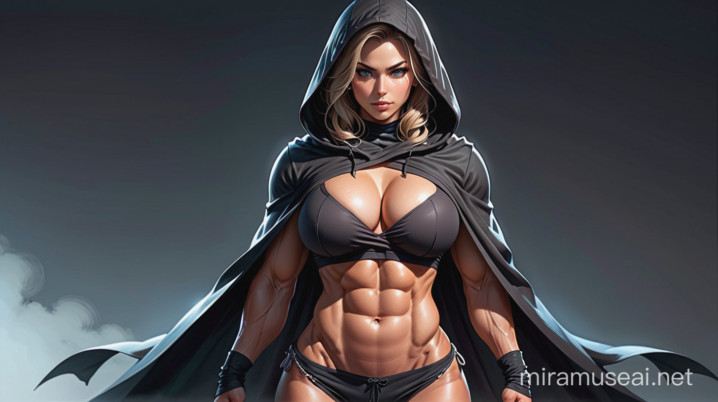 Extremely muscular woman; extremely sexy;  beautiful; cute; seductive; hooded; ninja; extremely muscular abs; extremely massive abs; extremely massive hip; very big cleavage; ninja clothes; sleeves; cape; extremely large hip; extremely muscular thighs; 