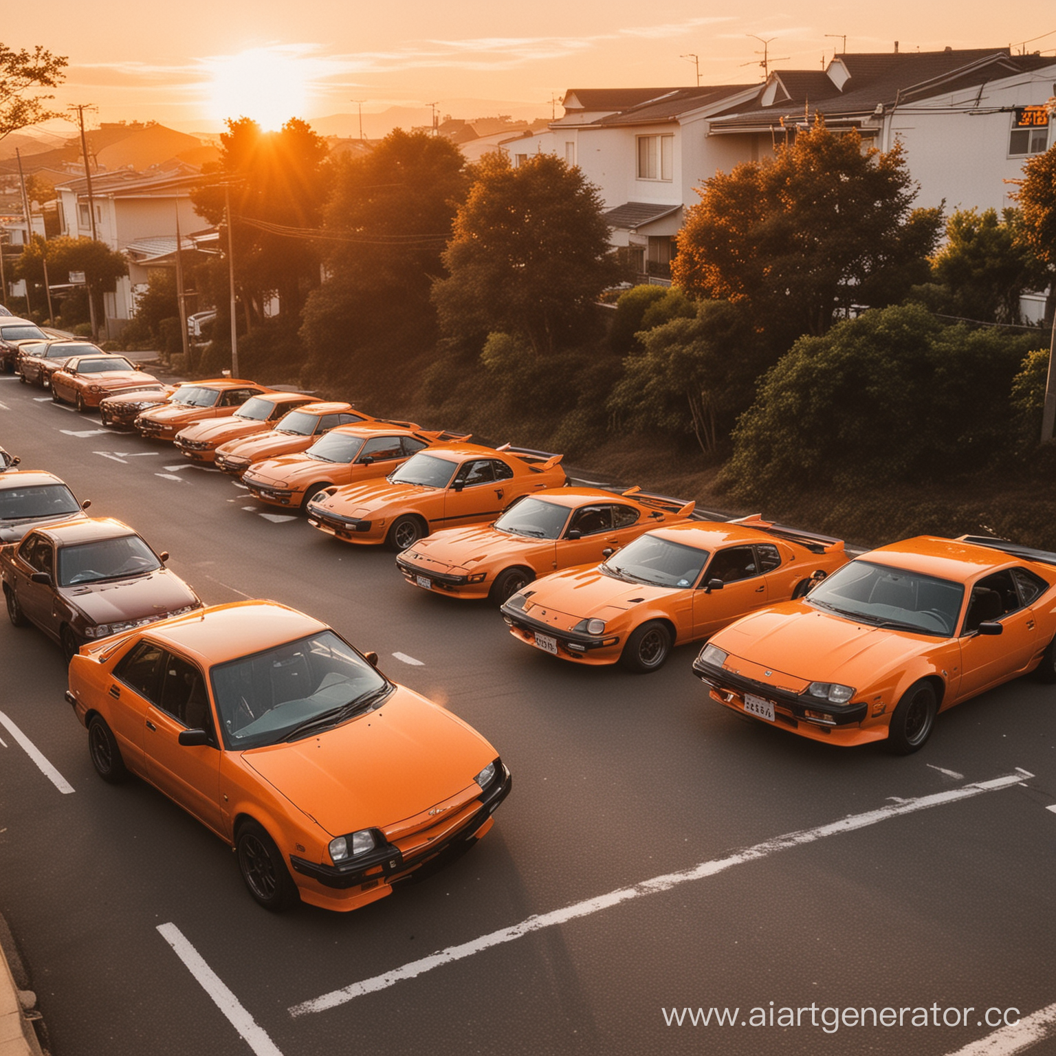 Японские машины в оранжевом закате
