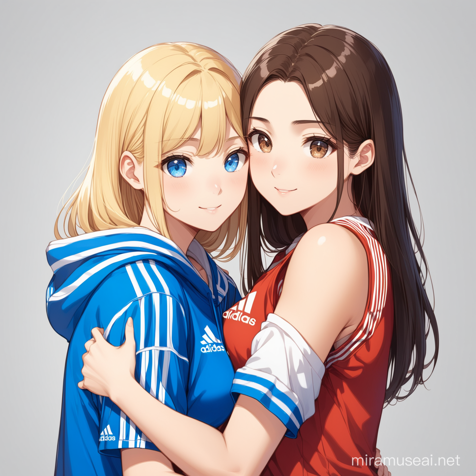Blonde and Brunette Embrace in Matching Adidas Outfits