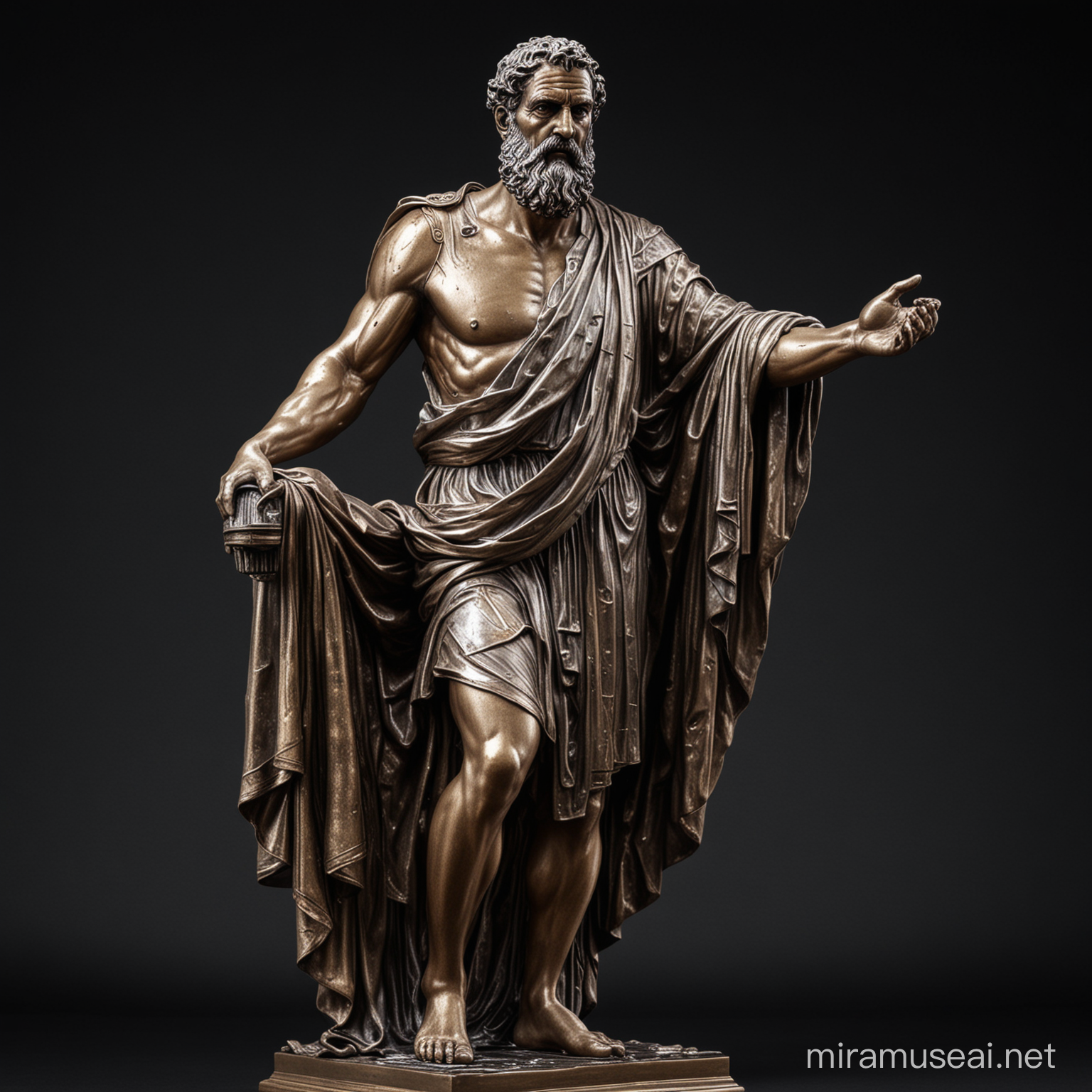 STATUE en métal liquide d'un philosophe de la Grèce antique en toge sur un fond noir