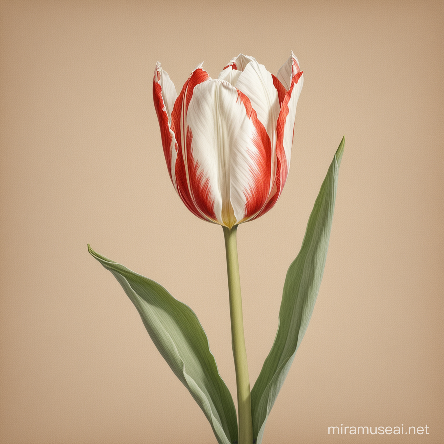 A delicate botanical drawing of a tulip with white and red striped petals 