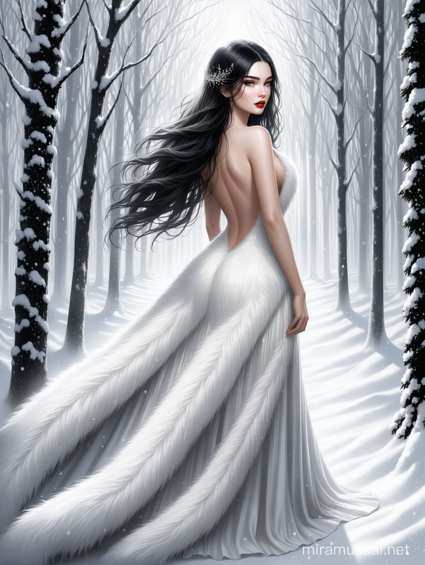 Aivision, full body of beautiful young women , full red lips, black hair. In shining snow - white , Long fur dress with open back , shining forest around . fairy tale , realistic facial features . Realistic hair texture,elegant , crispy quality Federico Bebber's expressive, black and white color