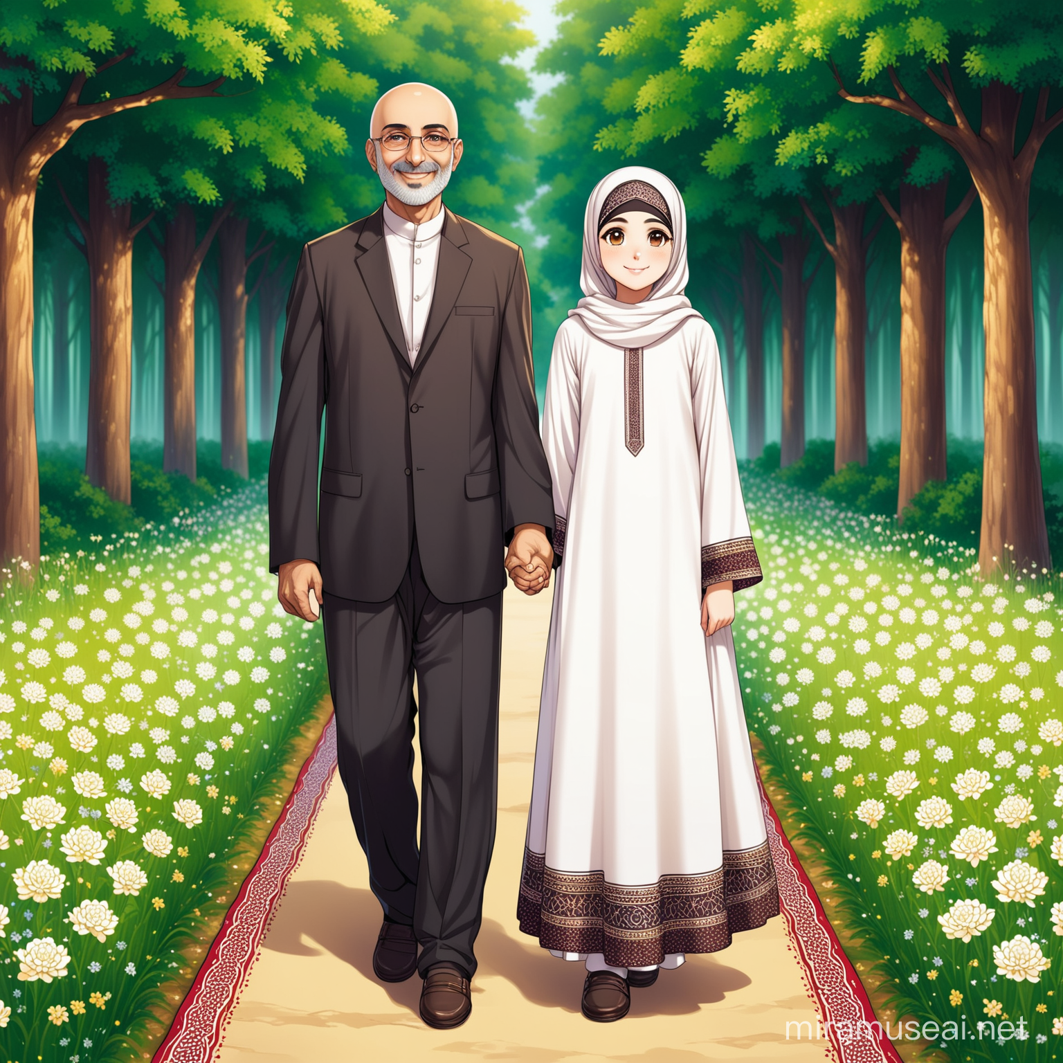 Persian Father and Daughter Walking in Forest Meadow