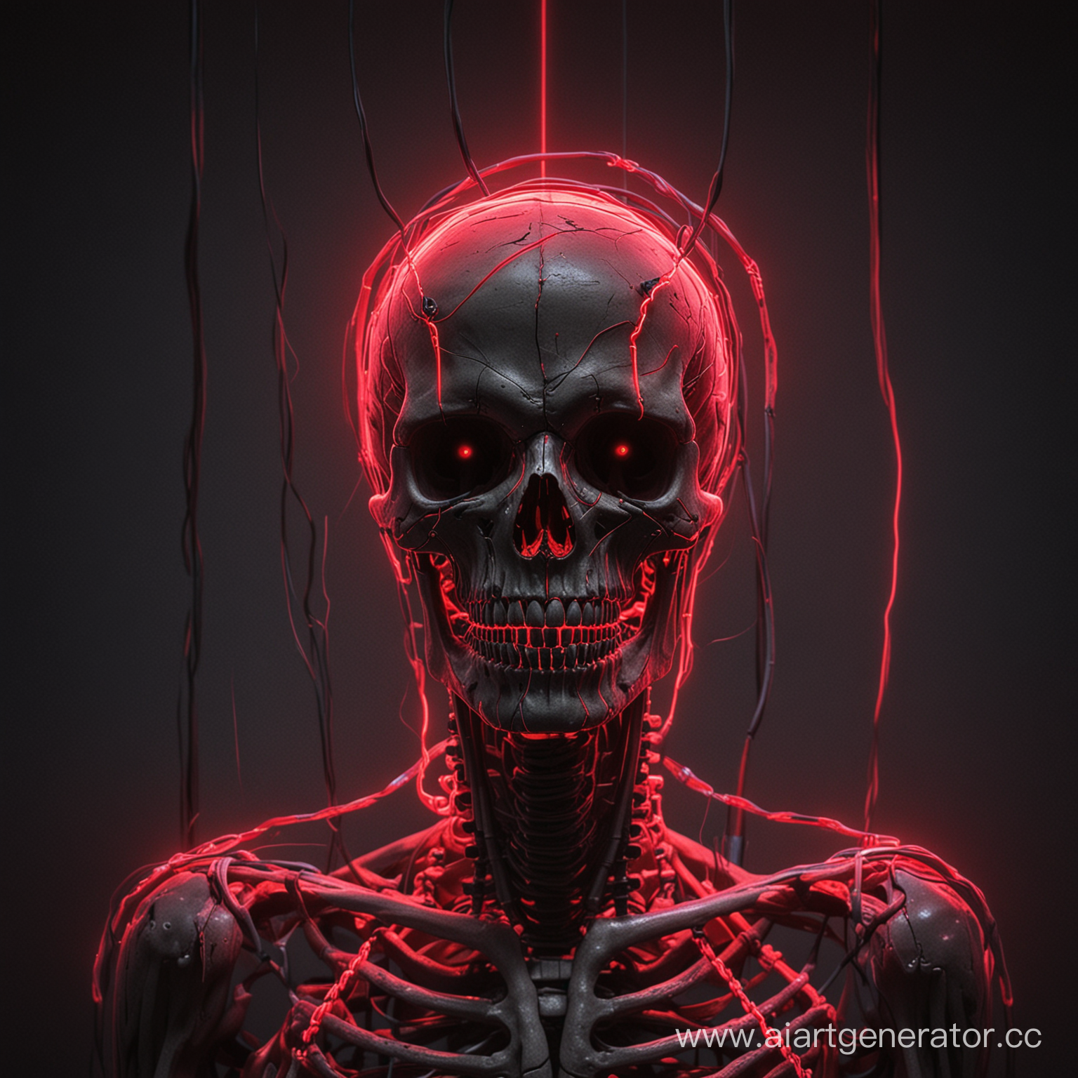 Скелет человека, череп, красный неон, злобная ухмылка, электрические провода проходят через череп