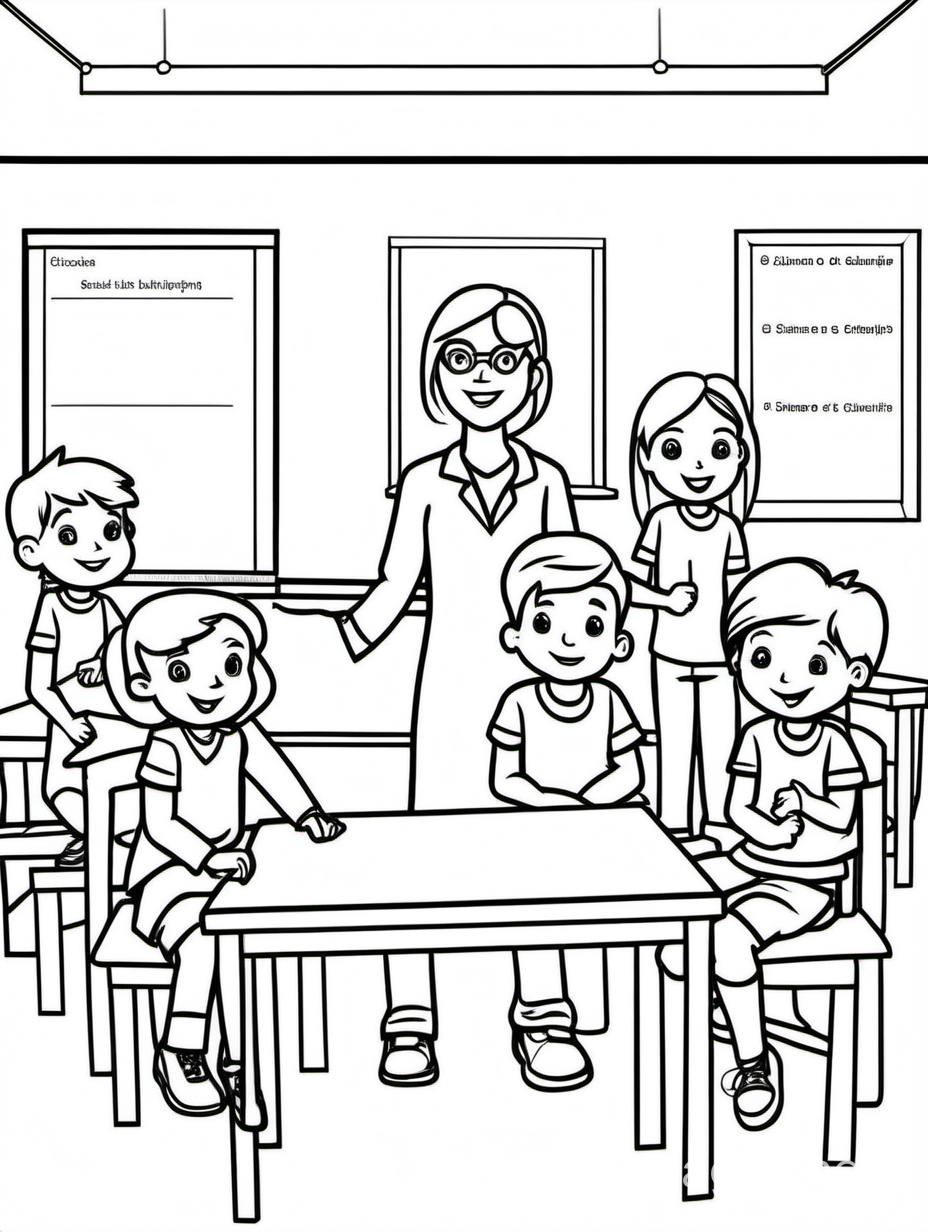 minimalistic  classroom with a teacher and 5 students, Coloring Page, black and white, line art, white background, Simplicity, Ample White Space. The background of the coloring page is plain white to make it easy for young children to color within the lines. The outlines of all the subjects are easy to distinguish, making it simple for kids to color without too much difficulty