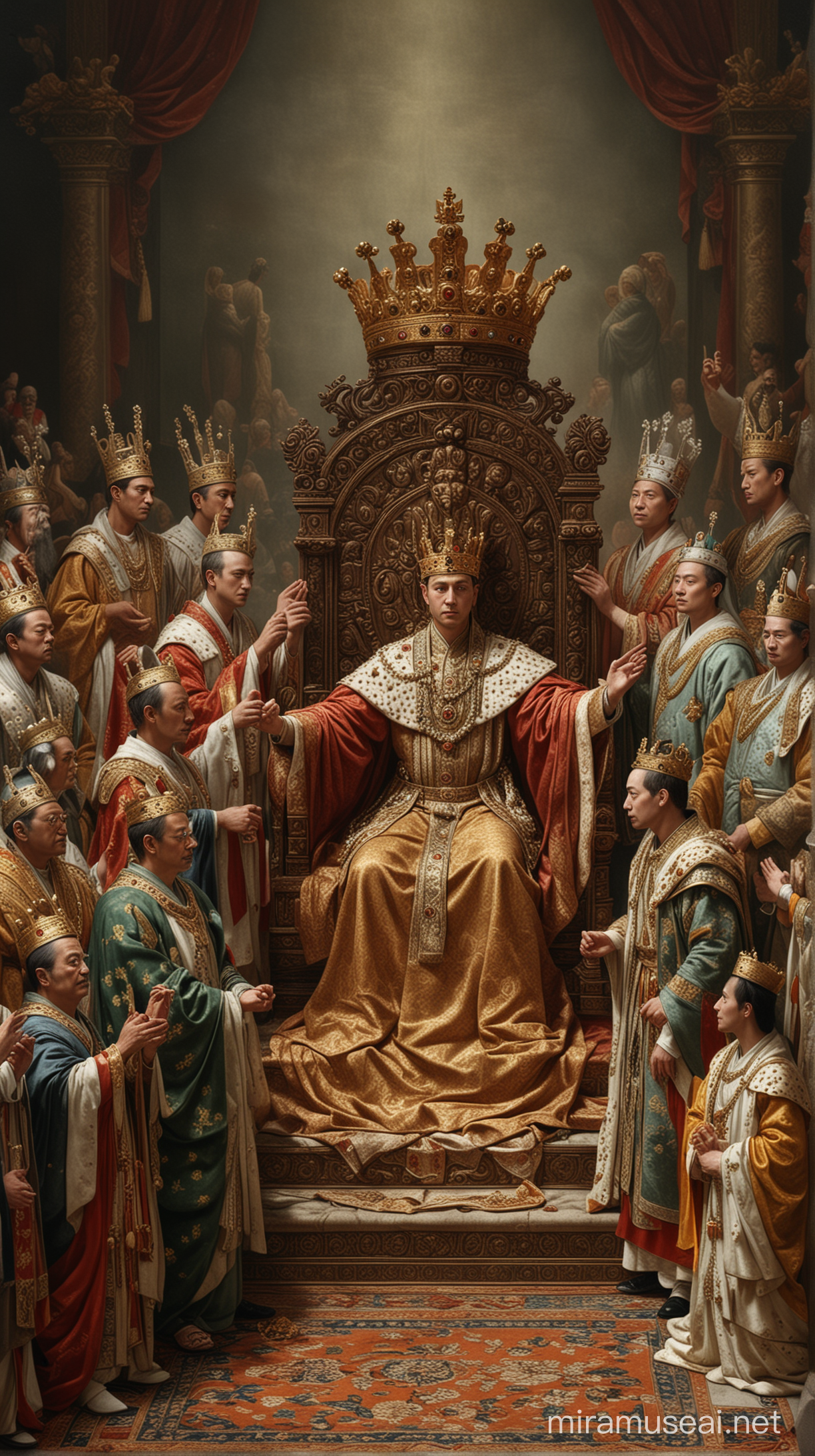Image of a young emperor being crowned, surrounded by officials and advisors. hyper realistic