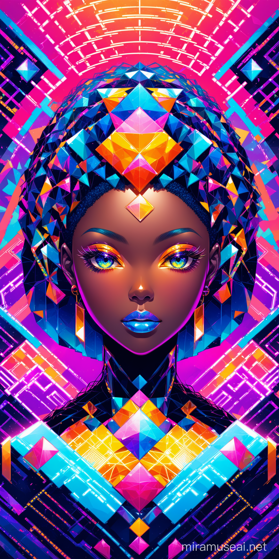Surreal Afrocentric Portrait Sapphire Hair Collage in Futuristic Deconstructivism Style