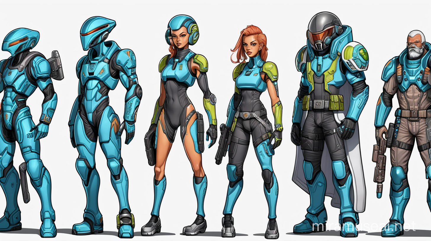 5 futuristic space bounty hunters (4 male, 1 female), aliens, full body and same style, divided with a line