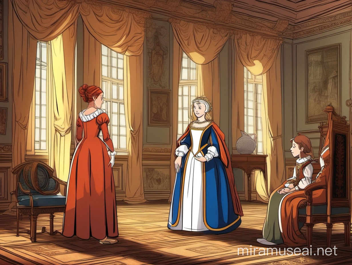 2D animated scene. Richly decorated renaissance room. Middle aged woman in royal attire is talking to young teenager girl dressed in royal attire. Old maid stands next to them.