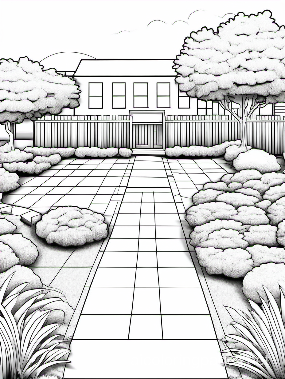minimalistic empty garden at a school, Coloring Page, black and white, line art, white background, Simplicity, Ample White Space. The background of the coloring page is plain white to make it easy for young children to color within the lines. The outlines of all the subjects are easy to distinguish, making it simple for kids to color without too much difficulty