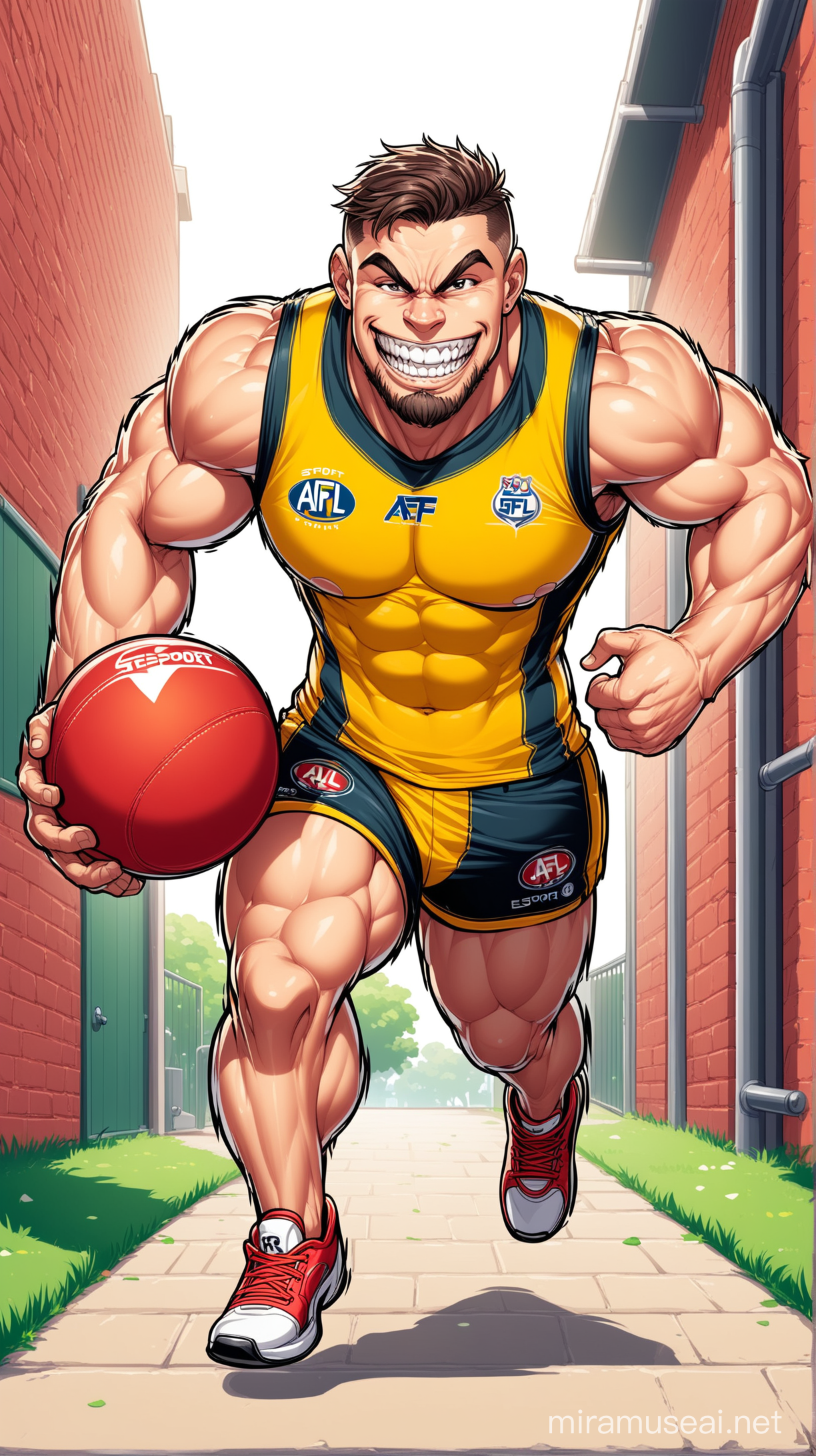 muscly man, AFL player, cartoonish, big teeth, big grin, distended jaw, stoop down running with a ball, full body shot, esport mascot logo