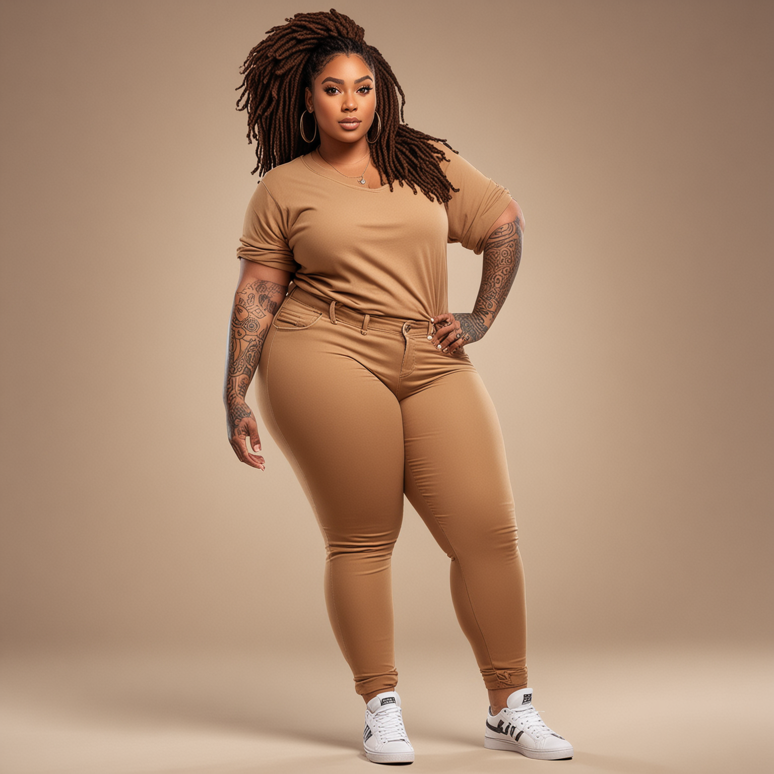 Create a magna cartoon image of a tall and plus size black female, feminine with tattoo sleeve on right arm. White background neutral brown outfit. Natural make up with brown eyes. medium to dark brown skin color. Highly detailed dark brown locs medium legnth