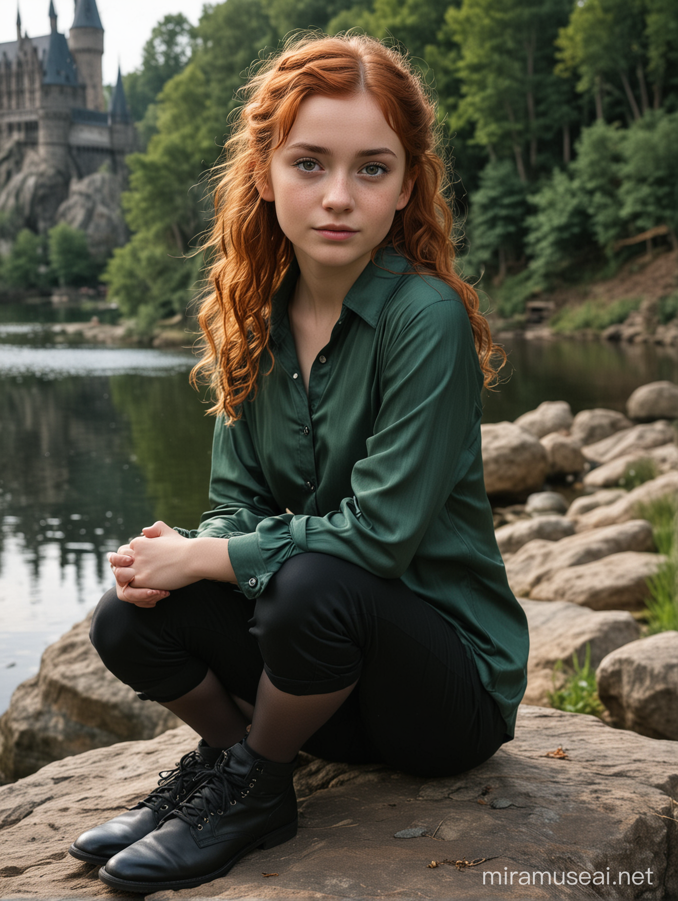 I want a picture of a very young girl (show full body) sitting on a rock, behind her is the Black lake from Harry Potter magic world, we can see the Hogwarts castle. The girl is a very young child, eleven years old. She has red curly hair, very short styled in pixie cut (almost boy-ish and messy), they look wild. She has pale thin sharp face, with light freckles and silver-gray eyes. Her clothes are elegant, dark green silk shirt and black pants. She is a witch, Hogwarts student and she is in Slytherin.