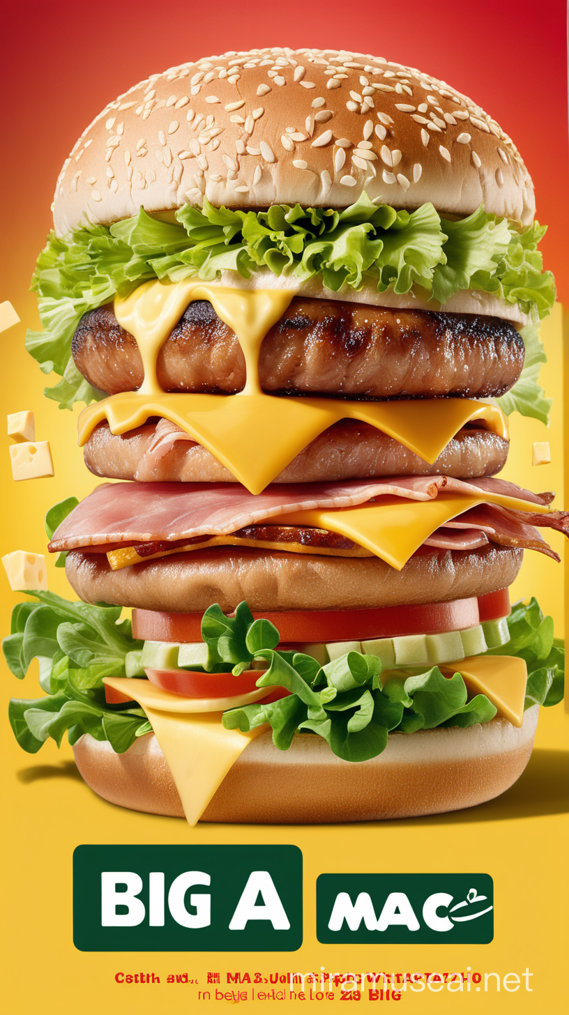 An eye-catching WhatsApp ad for the Big Mac promotion. The design features bold text that reads "Big Mac ATA loke bo a pidi" in a vibrant and engaging font. The background is a modern and sleek layout that highlights the special price of "fl 17,50" for the Super Big Mac. Imagery of the burger ingredients like EGG, bacon, Ham, cheese, Leafy greens is subtly integrated into the design, adding a visual appeal. The overall aesthetic is clean and professional, with a focus on the enticing offer. The mood is one of excitement and value, encouraging viewers to take advantage of the exclusive deal