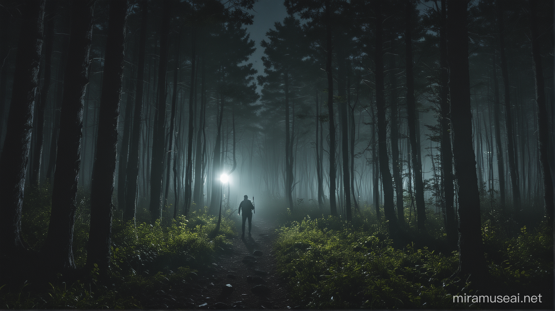 /imagine prompt: A lone hiker trekking through a dense forest at night, their flashlight illuminating the path ahead, casting eerie shadows on the trees, a sense of anticipation and adventure in the air, Photography, DSLR camera with a wide-angle lens, f/2.8 aperture, --ar 16:9 --v 5