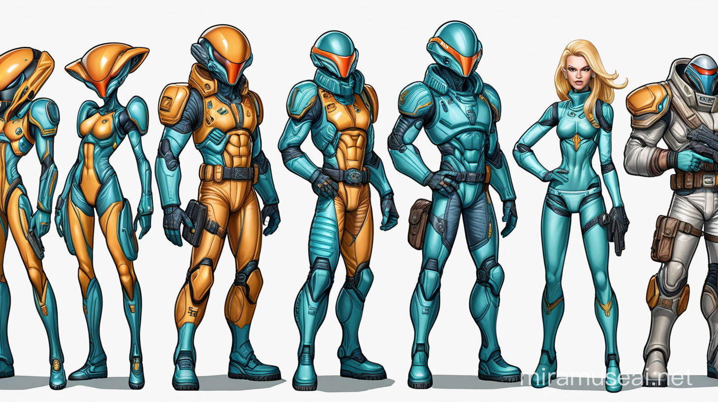 5 futuristic space aliens bounty hunters (4 male, 1 female), no helmet, full body and same style, divided with a line