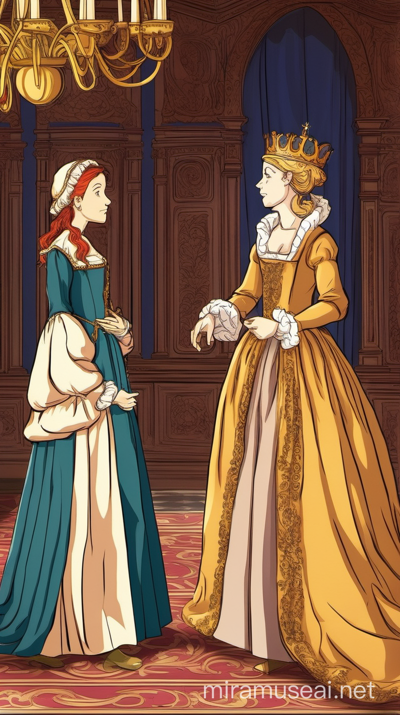 2d animated scene. Richly decorated renaissance room.  Middle aged woman in royal attire is talking to young teenager girl dressed in royal attire. Close up