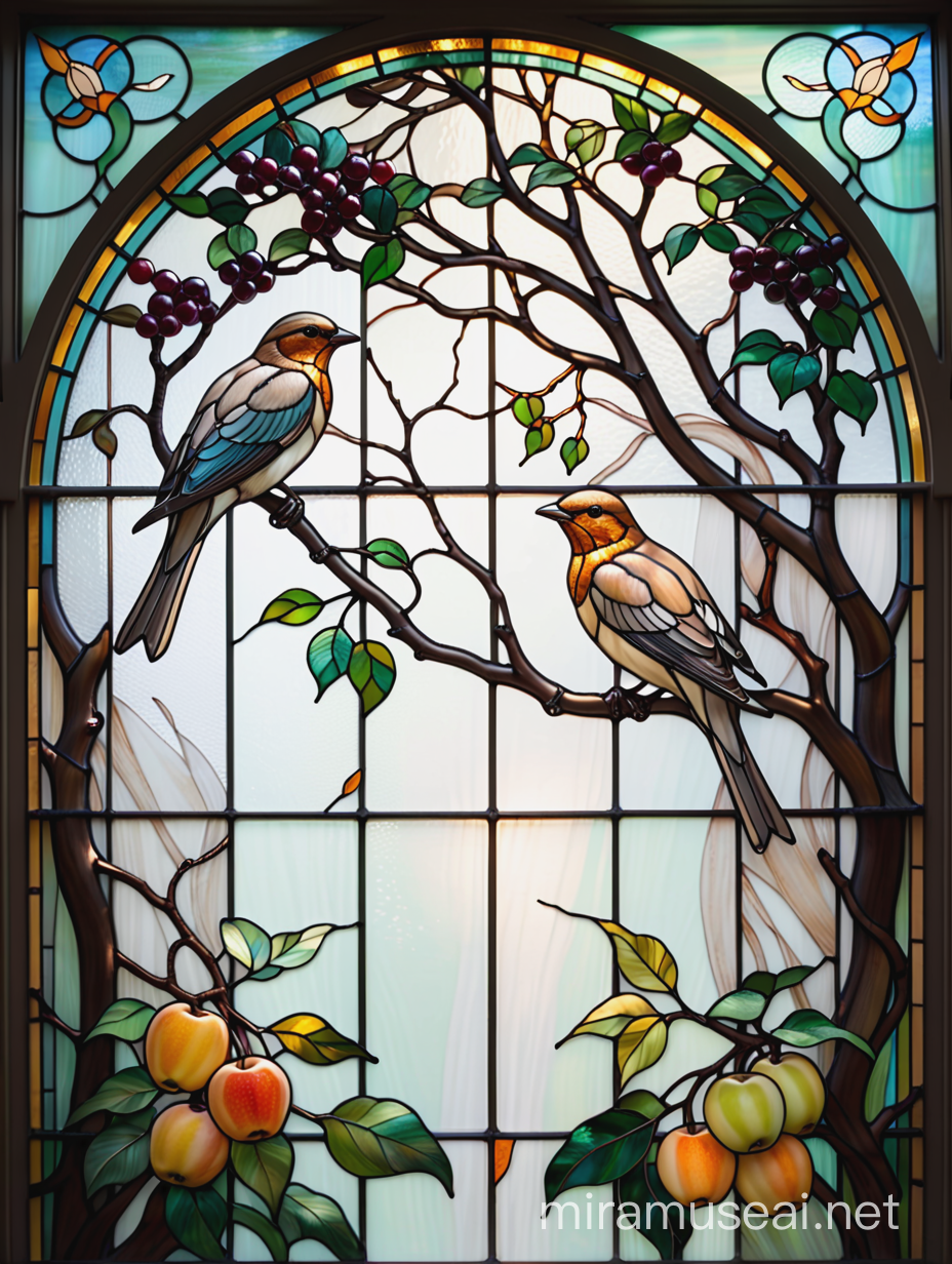 большое витражное окно тиффани, "две птицы сидят на ветках фруктовых деревьев" в стиле ар нуво на фоне белой органзы