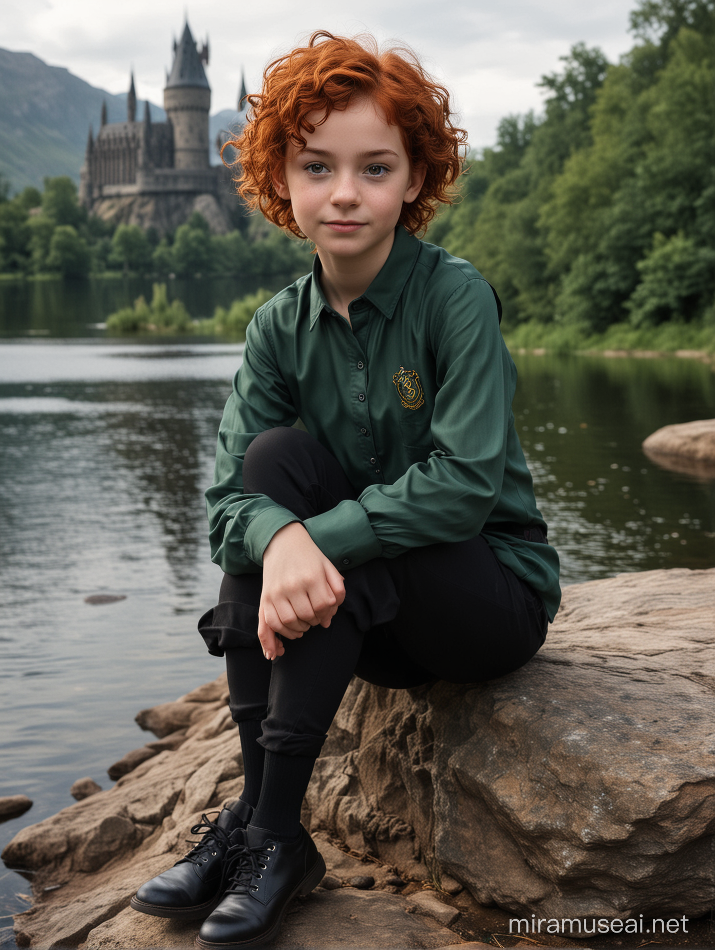 I want a picture of a very young girl (show full body) sitting on a rock, behind her is the Black lake from universe, we can see the Hogwarts castle. The girl is a young child, twelve years old. She has red curly hair, very short styled in pixie cut (almost boy-ish), they look wild. She has pale thin sharp face, with light freckles and silver-gray eyes. Her clothes are elegant, dark green silk shirt and black pants. She is a witch, Hogwarts student and she is in Slytherin. She's twelve years old child and she is not smiling. Her face is thin and sharp. Her hair is really short, messy pixie cut.