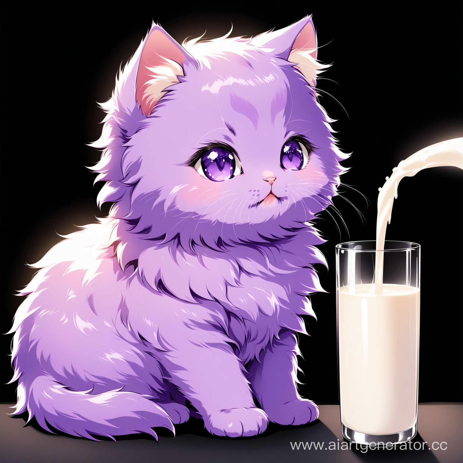 fluffy purple kitten drinking milk with black background