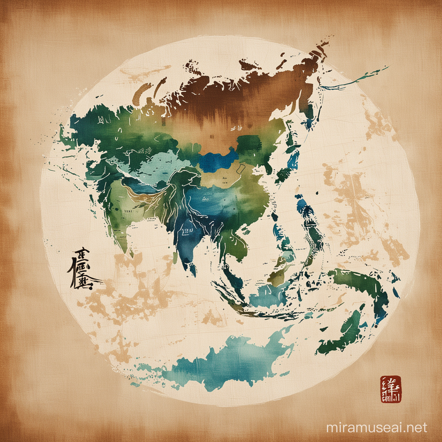 Map of Earth drawn with Japanese caligraphy brushes with brown green and blue colors on canvas