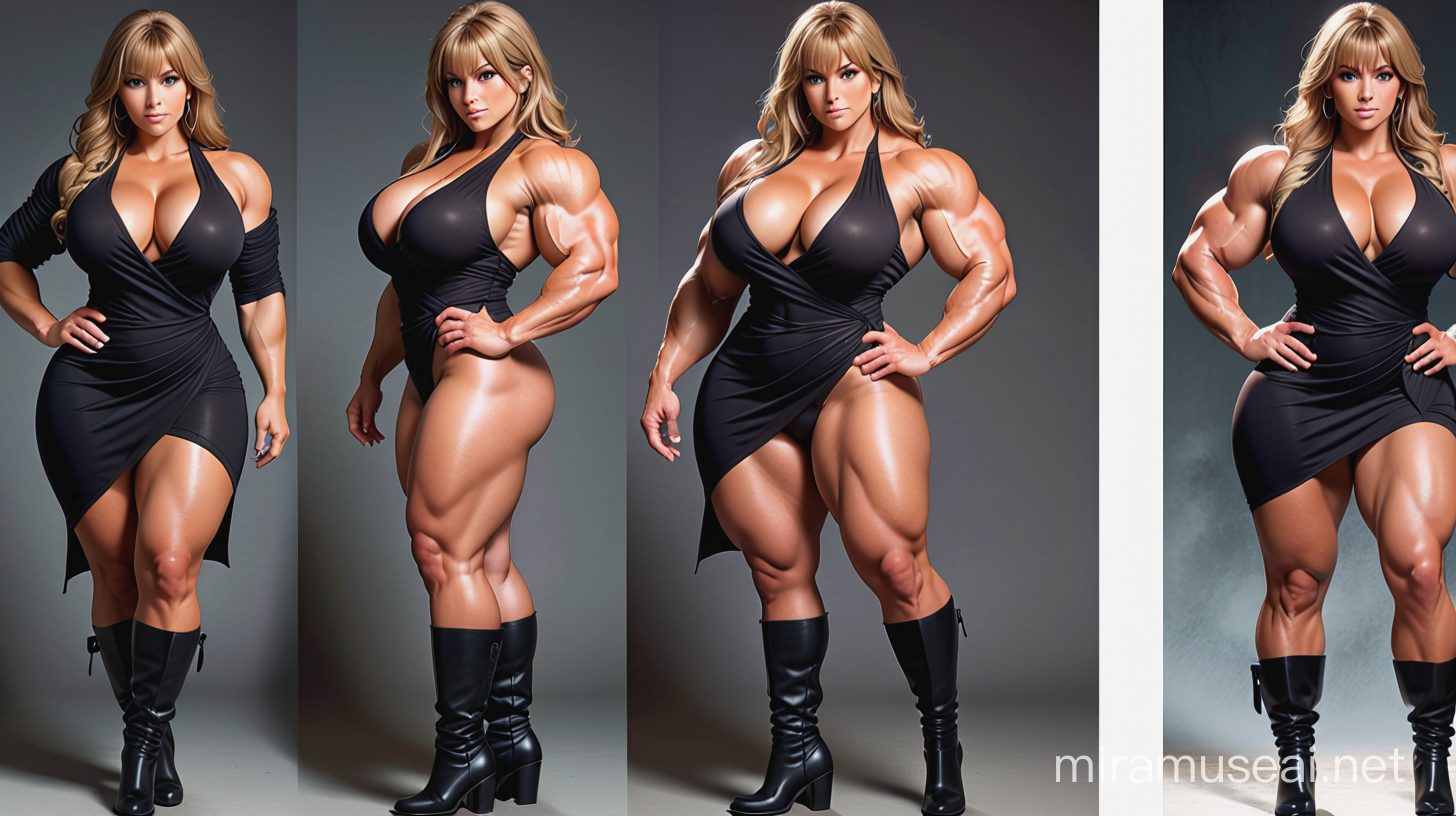 extremely gigantic woman; extremely muscular; sexy; very beautiful; seductive; has bangs; beige hair; black dress; wrap-up sleeves; textile boots; extremely massive thighs; extremely muscular thighs; long thighs; open sleeves; messy hairstyle; has black eyes; tanned; colossal; extremely muscular abs; extremely muscular arms; very big cleavage; extremely muscular thighs; 