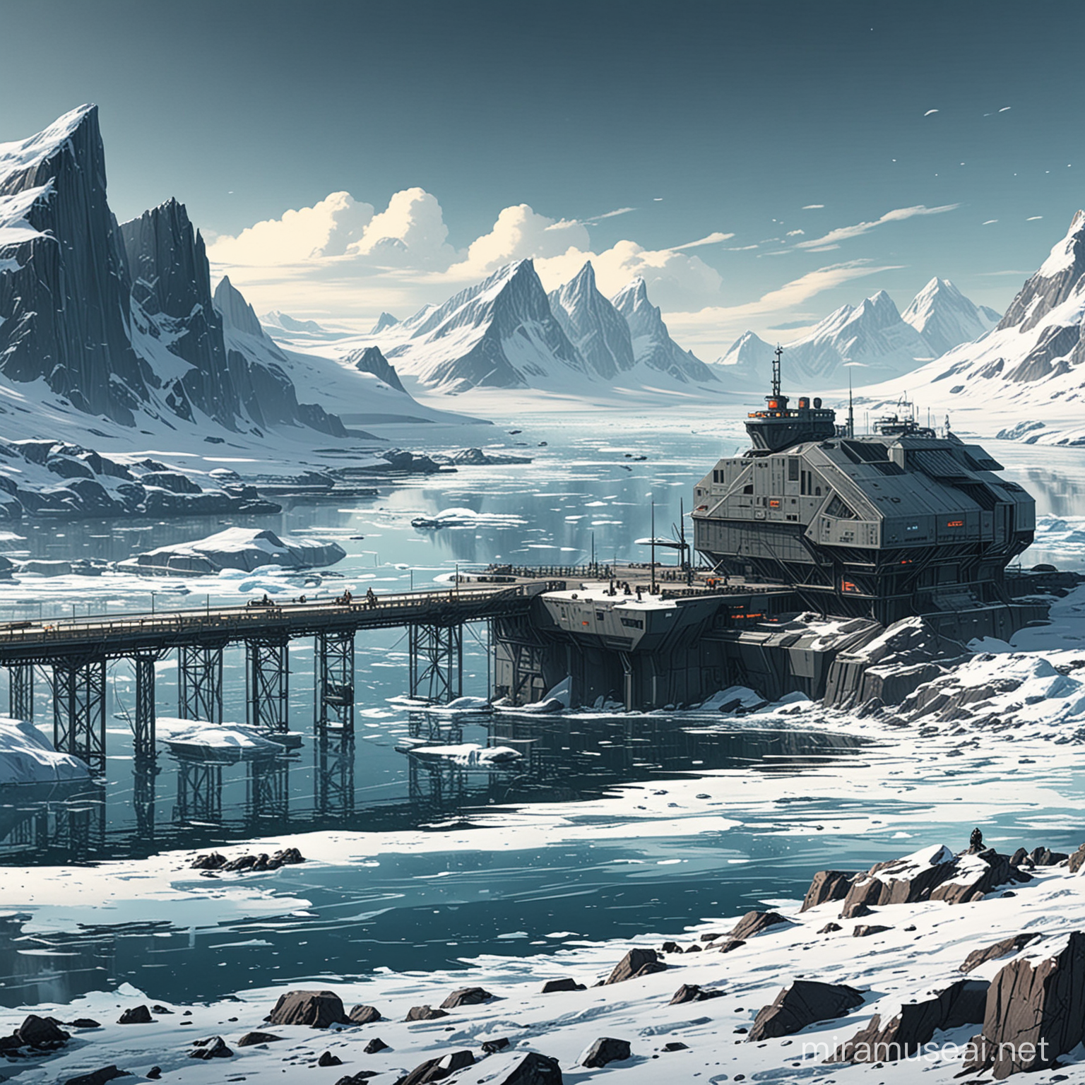 SciFi Dystopia Antarctic Port Station in Comics Style