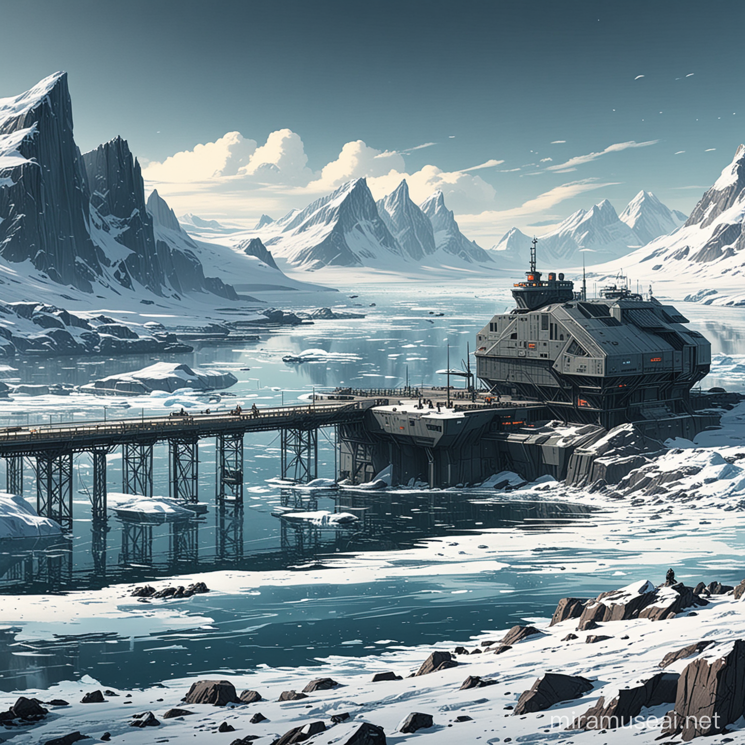 sci fi dystopia antarctic port station comics style