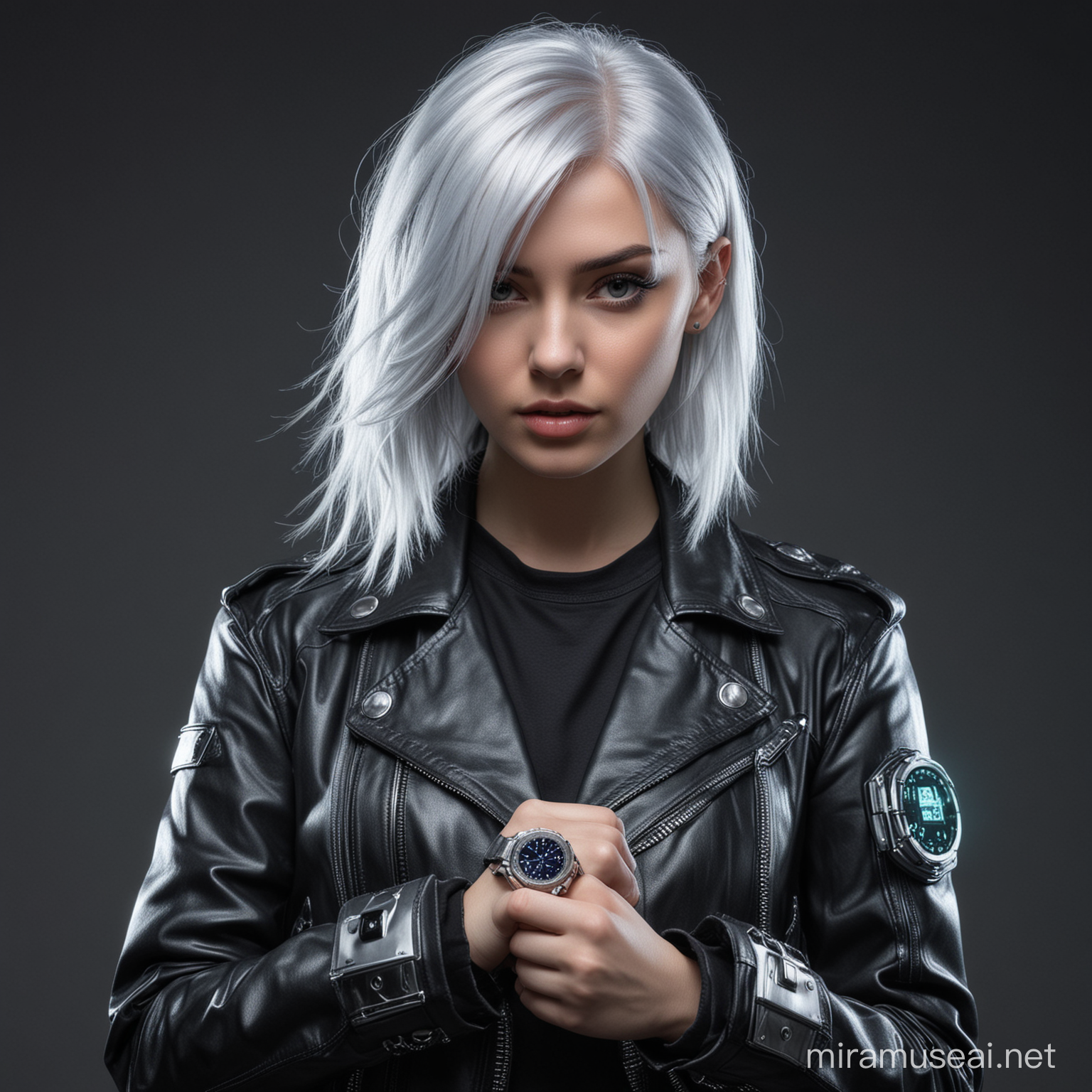 Девушка из киберпанка, серебряные волосы, кожаная куртка, голограмма часов в руках 