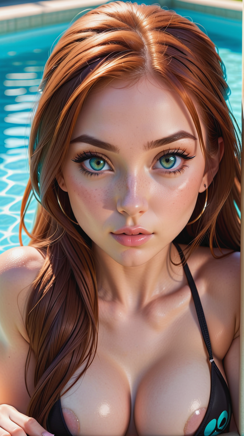 Gorgeous Kim Possible, very attractive face, hyper detailed eyes, detailed medium breasts, dark eye shadow, long hair in ponytail, wearing a sexy bikini, ring light on face, laying out by the pool, hyper realistic, very high detail, extra wide photo, symmetrical, full body photo
