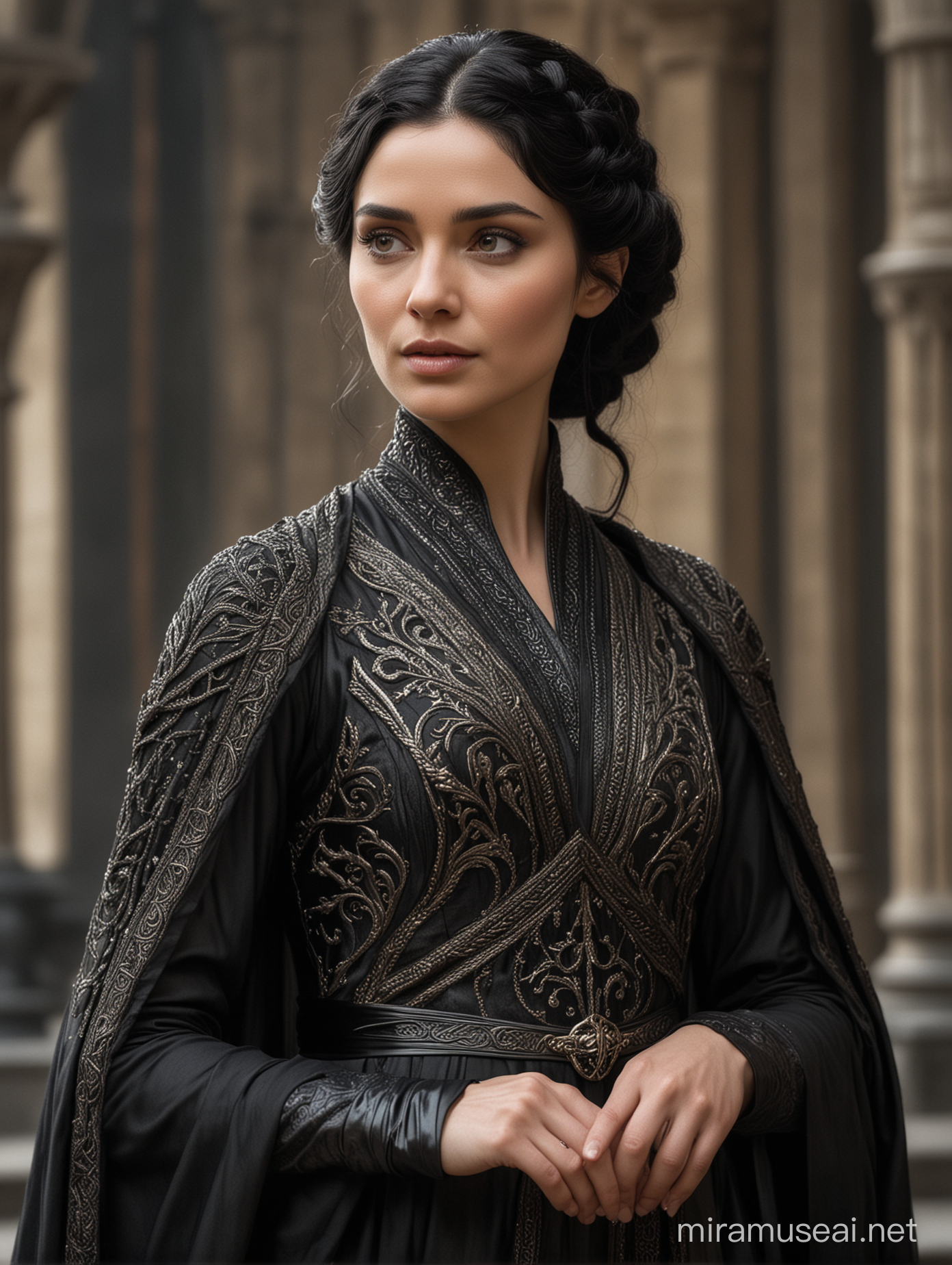 Elegant Valyrian Woman in Black Imperial Gown with Distinctive Styling