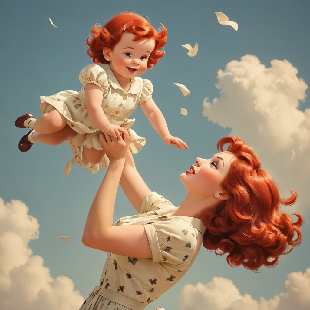 vintage mom holding baby in the air , red hair pinup style 


