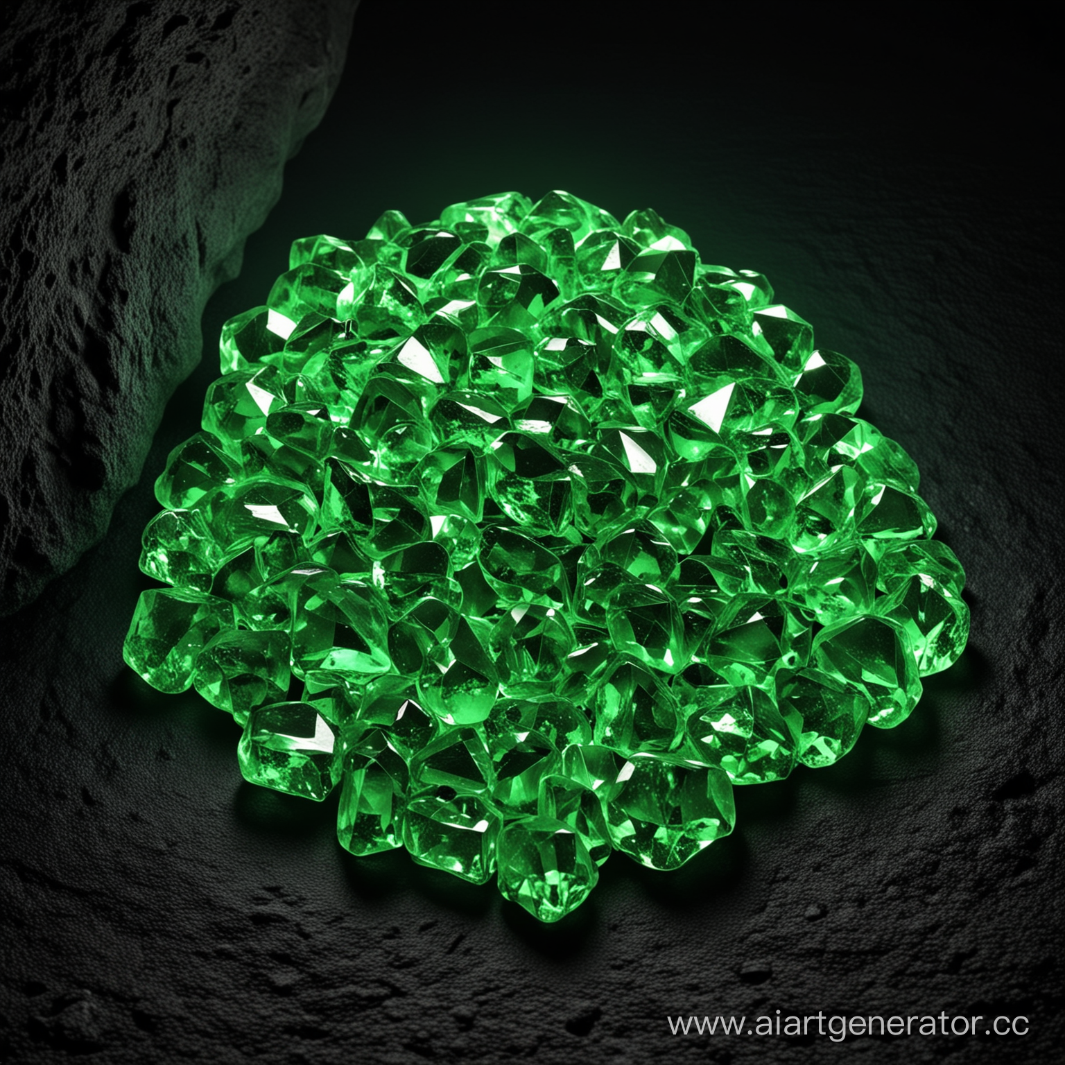 glow green gems from cave on black background