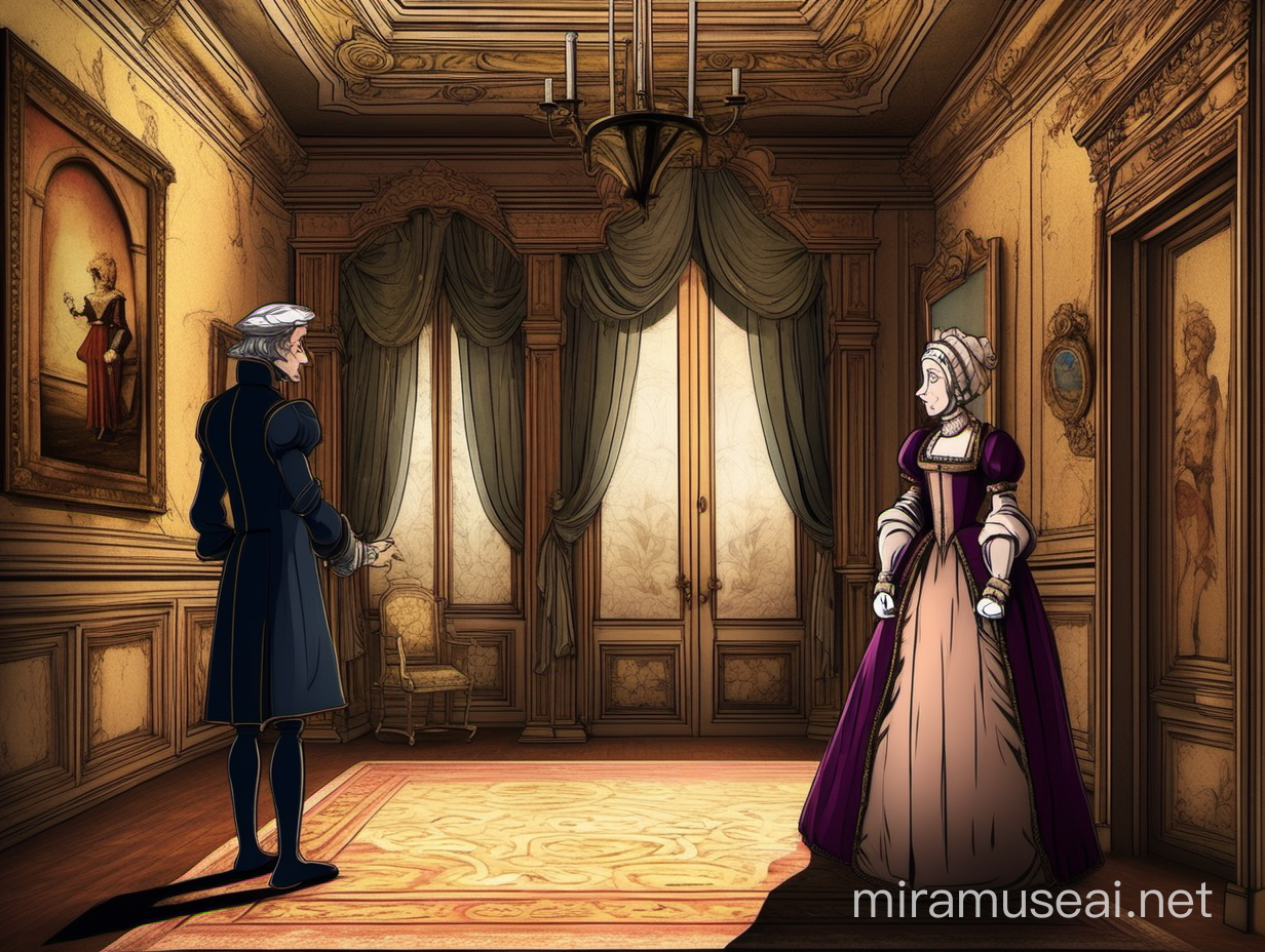 2d animated scene. Richly decorated renaissance room. Butler stands at the door telling saying something to a middle aged woman in royal attire.