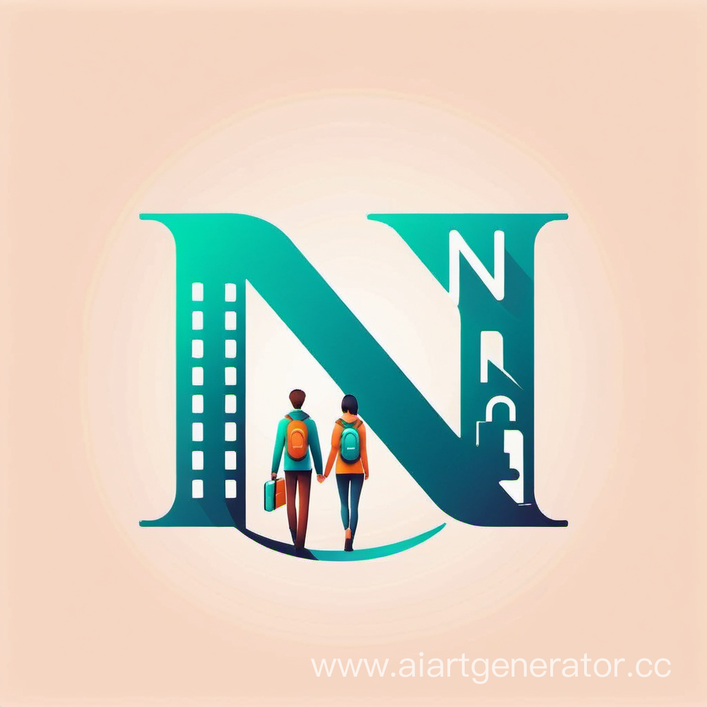 логотип два путешественника в городе на фоне буквы Н