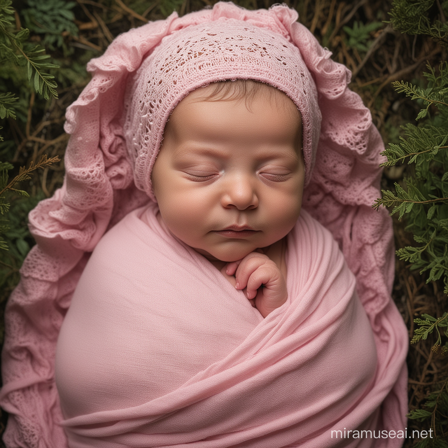 ABANDONED NEWBORN BABY; PINK WRAP; PINK BONNET; FOREST BACKGROUND; ANGELIC FACE; MAGICAL