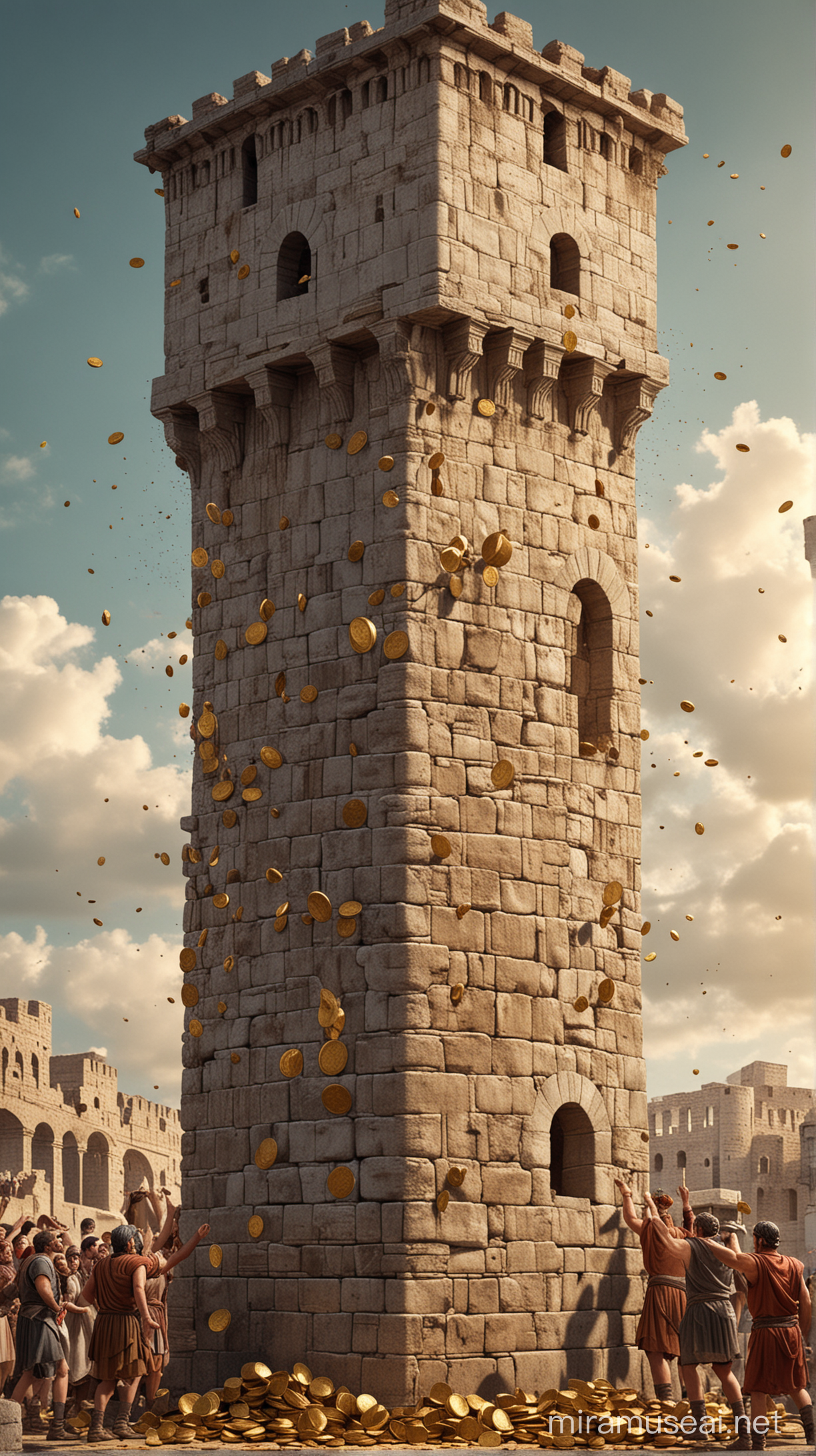 Image of Elagabalus throwing gold coins from a tower, with people below scrambling to collect them. hyper realistic