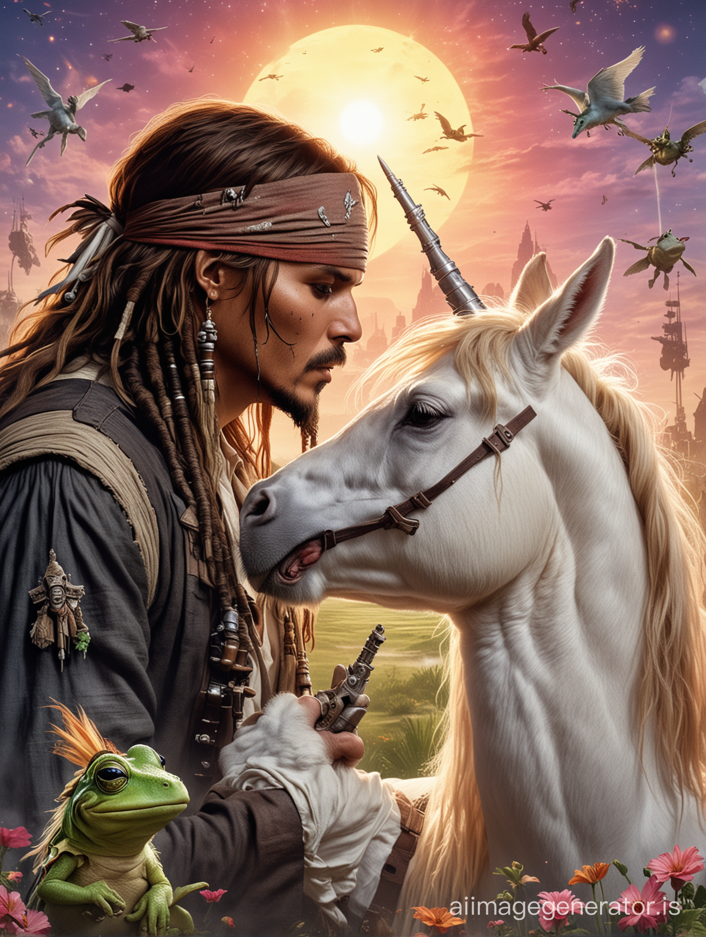Star Wars movie poster. Capitan jack Sparrow kissing a frog on a unicorn. Star Wars battle in the background
