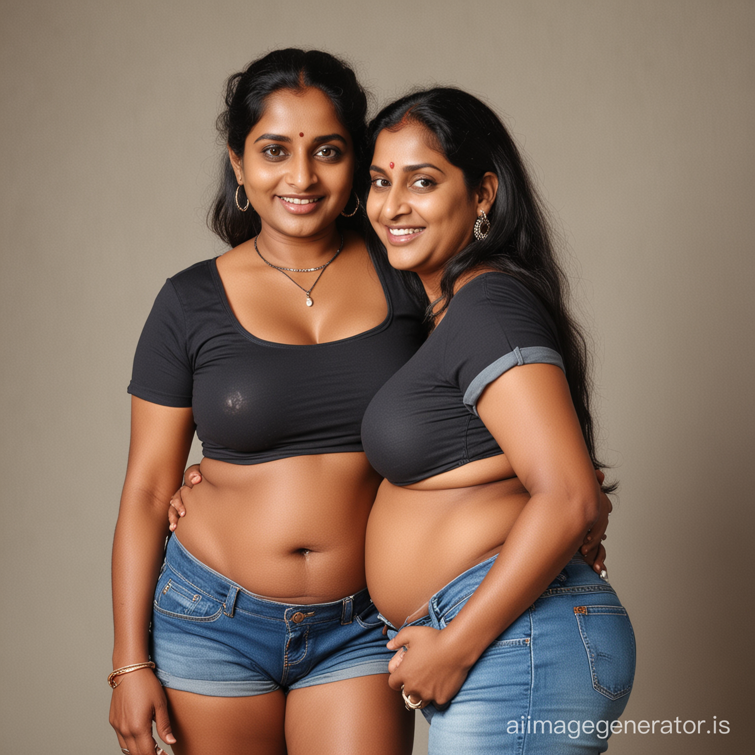 looks like easan sujatha, dark skinned fat 60 year old south indian aunty with chubby cheeks, huge saggy breasts, with fleshy belly and deep navel and big buttocks, wearing nose ring, tight tops and denim shorts hugging her young lover.