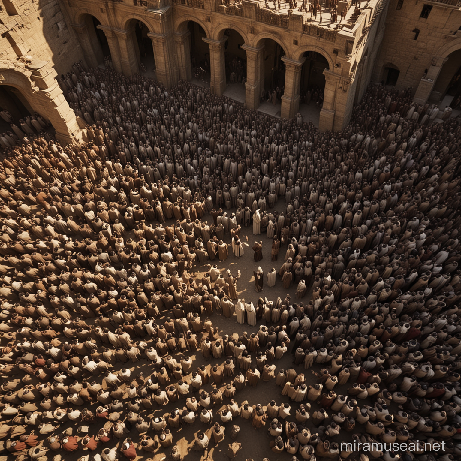 create image of Jesus speaking to his followers , 4k resolution, more realistic, based on the movie The Passion of the Christ, large crowd, ancient city, aerial, top down view, like from a drone