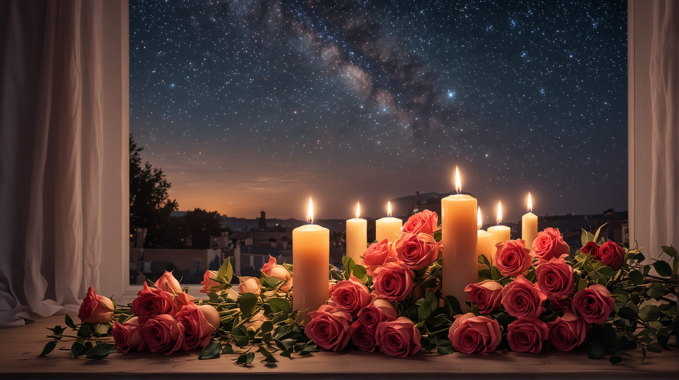 Evening, starry sky, candles, roses flowers
