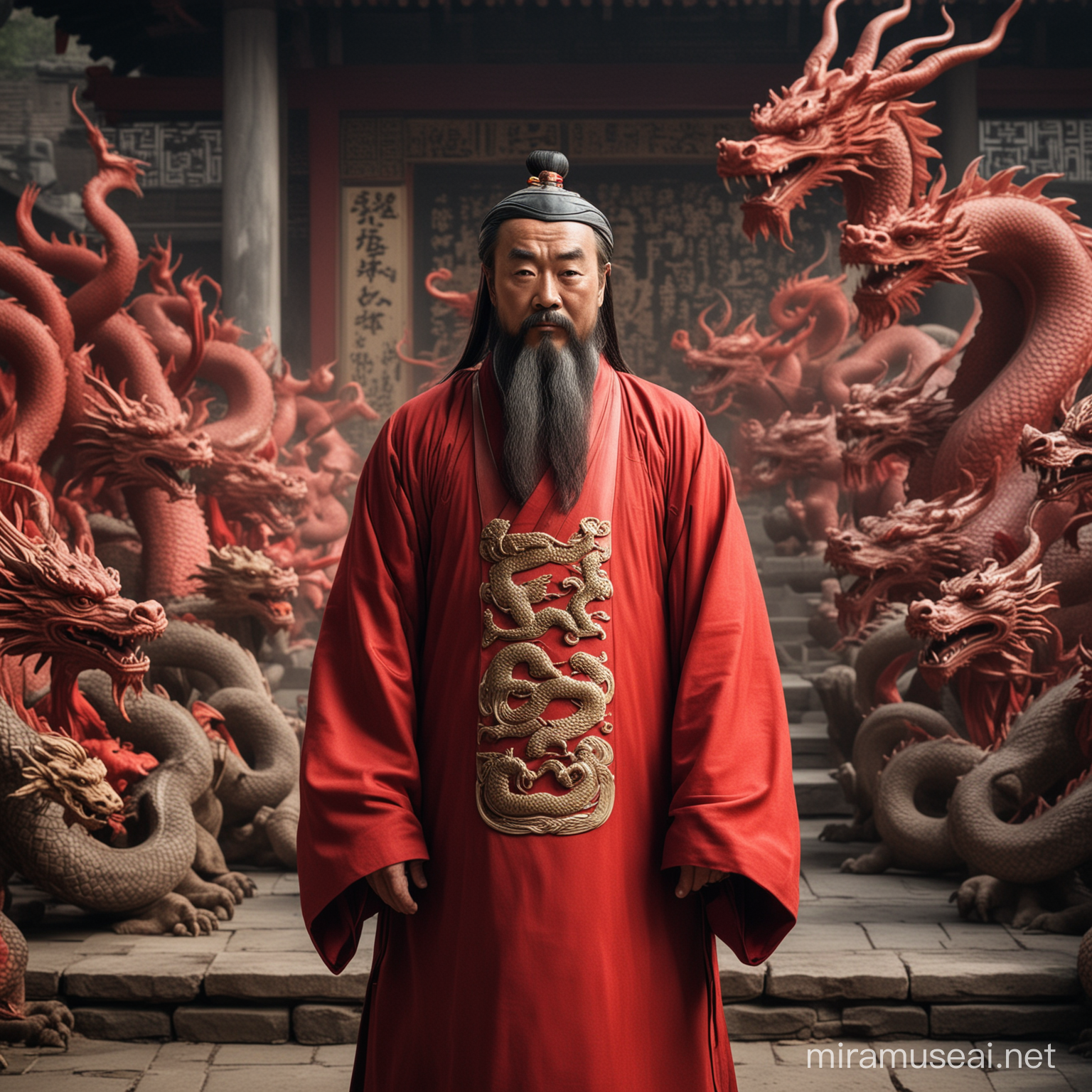 Confucius stands straight, in red clothes with dragons, looking at the camera