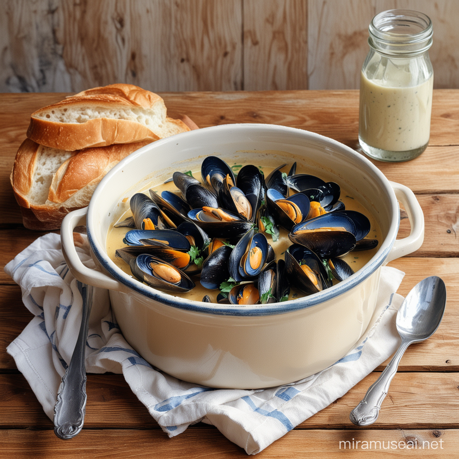 image of a saucepan with mussels in a creamy sauce, on a wooden table in Provencal style - painted in watercolor