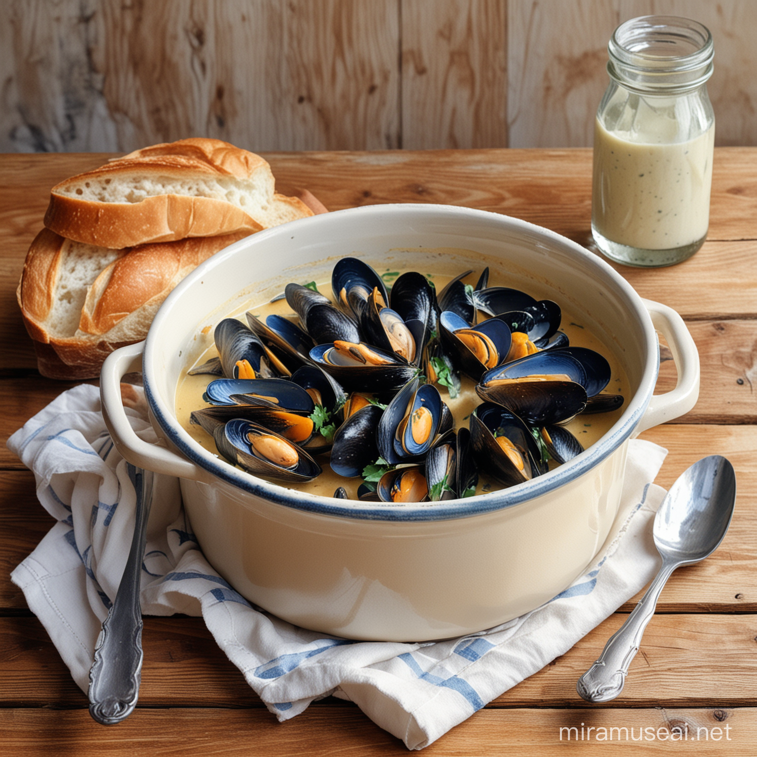 Provencal Style Watercolor Painting Mussels in Creamy Sauce on Wooden Table