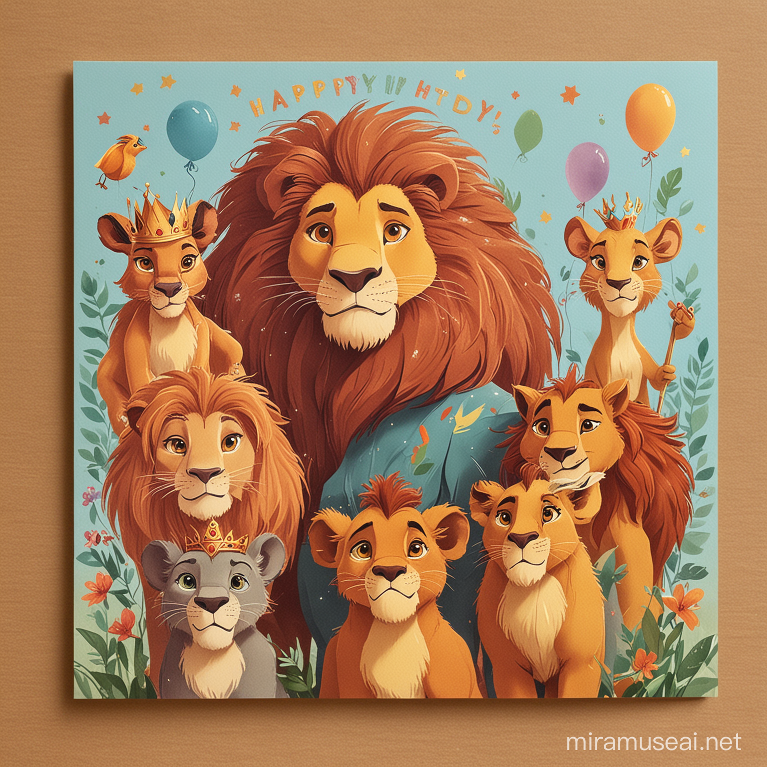 Colorful Lion King Characters Birthday Card for Children