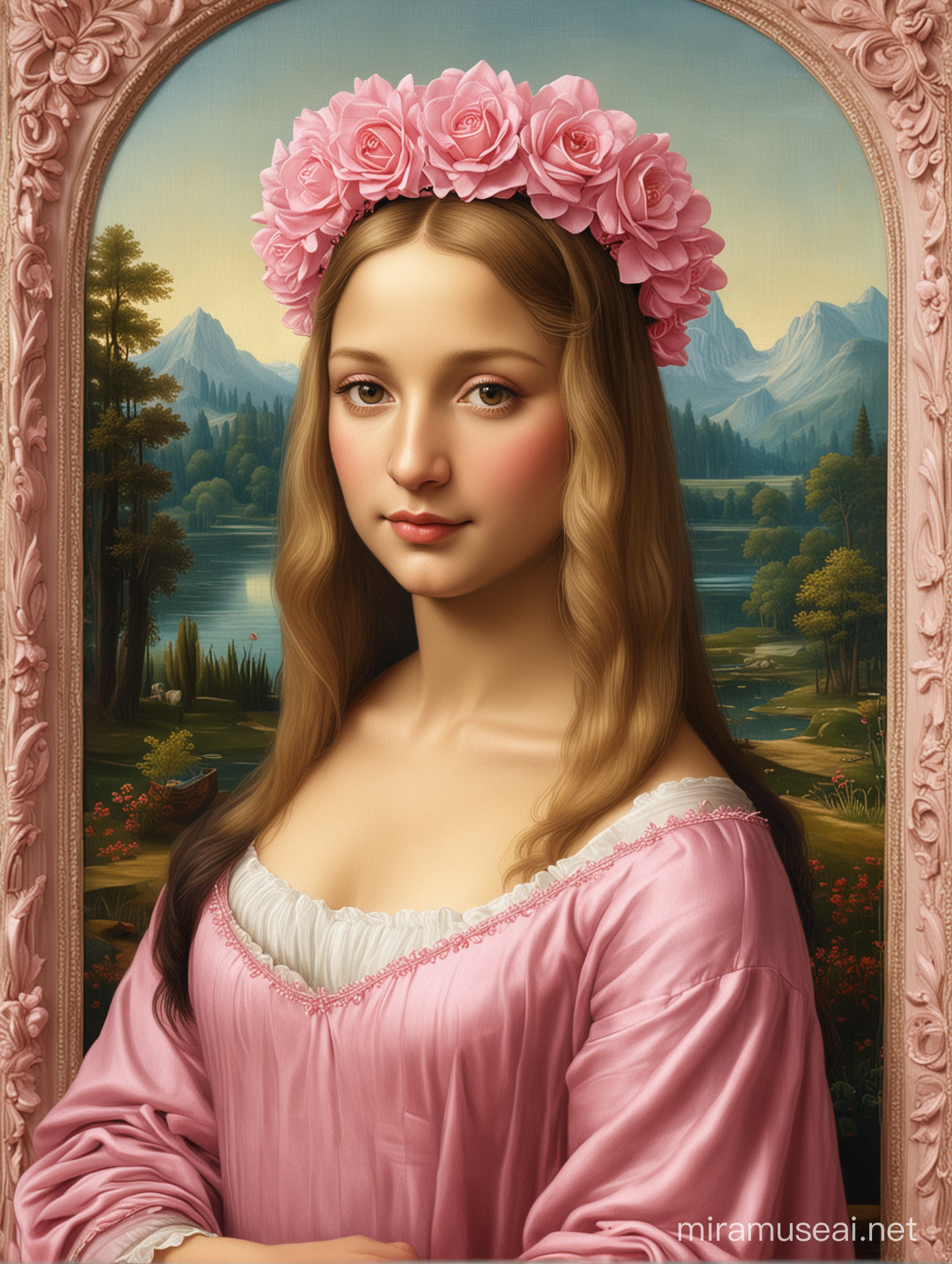 I want Mona Lisa to be in nature with blonde hair and bangs and a pink tiara and pink wreath dress