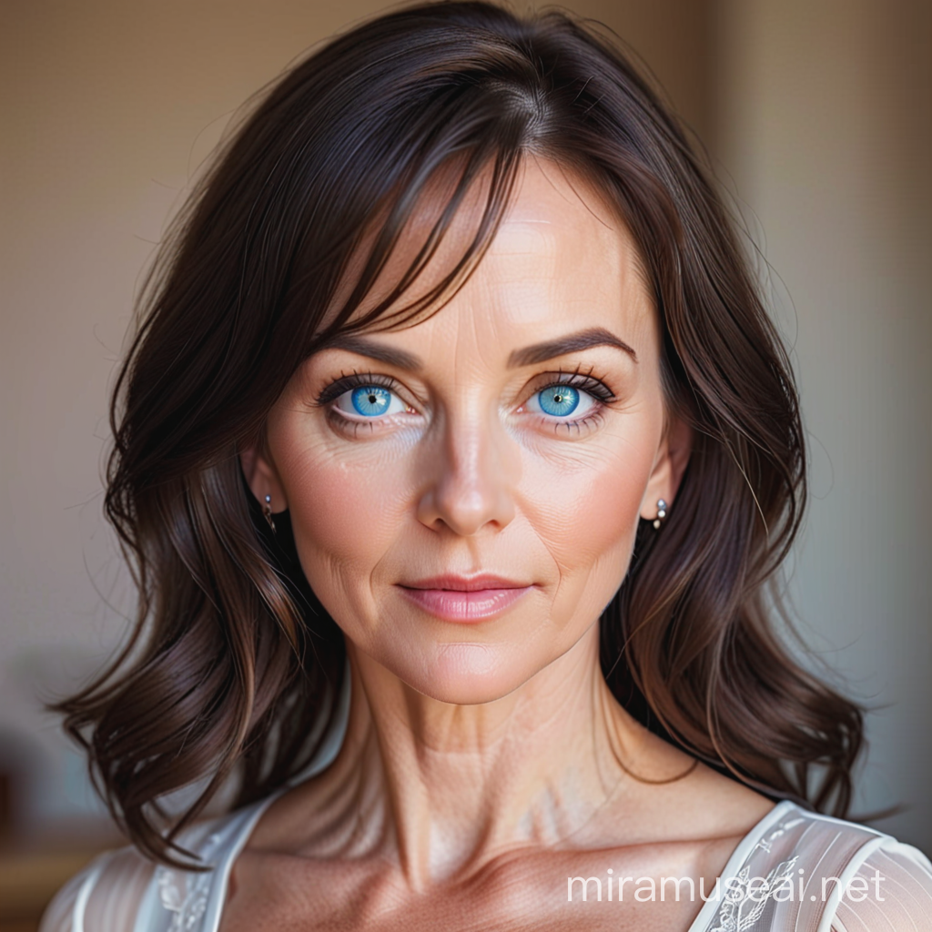 Elegant FiftyYearOld Woman with Brunette Hair and Blue Eyes