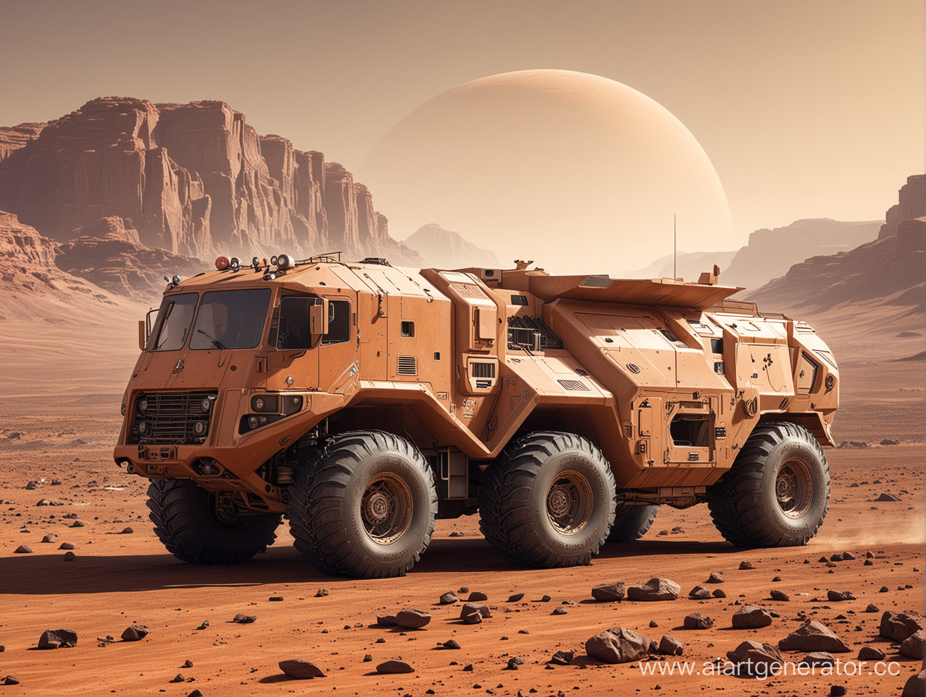 Retrofuturistic 6 wheel futuristic military truck on mars