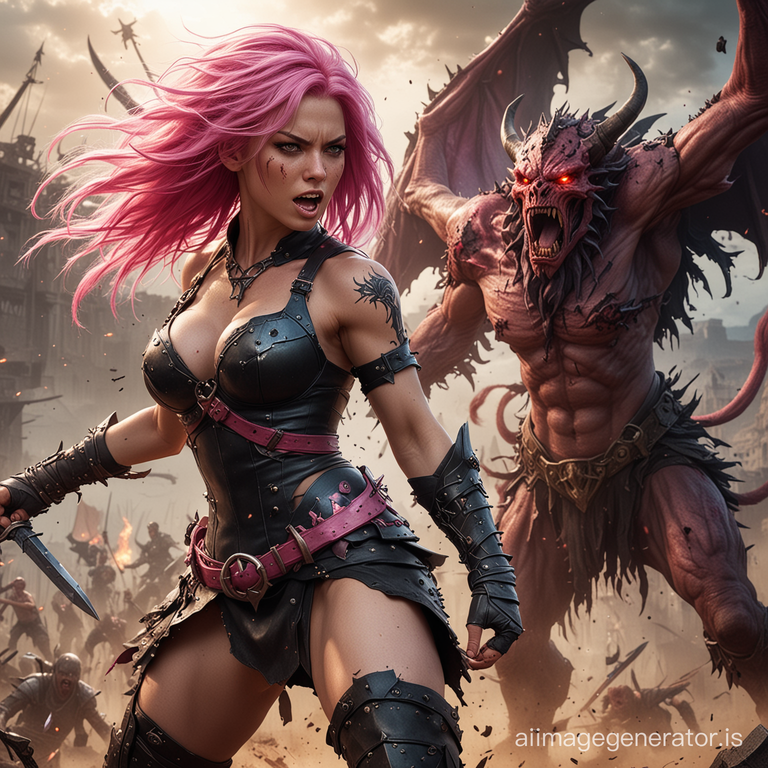 Epic image of a fierce, pink-haired female warrior engaged in battle with a demon, that tore her clothes to shreds